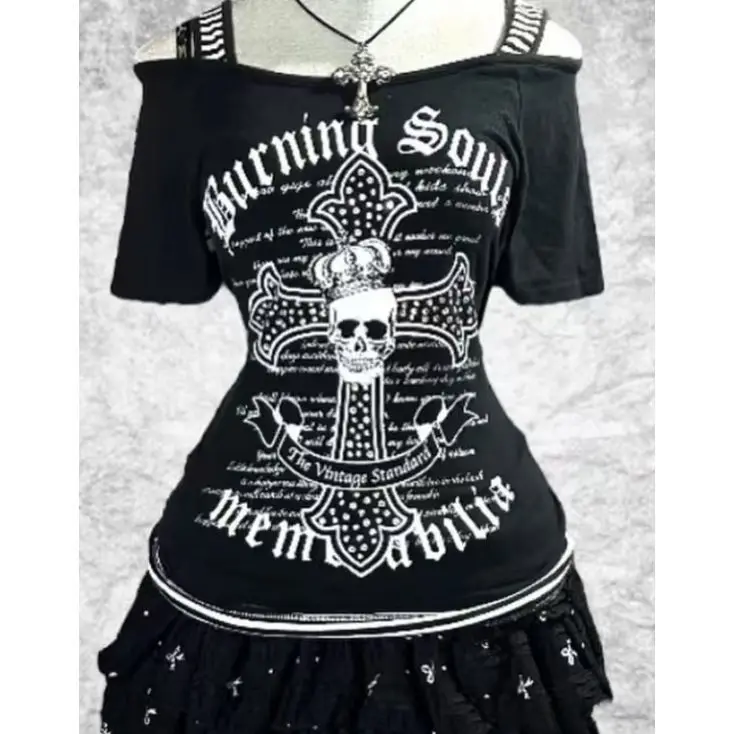 

Vintage Letter Print Slim Waist Off Shoulder Short Sleeved T-shirt Summer Stripe Patchwork Spice Girl High Street Skull Y2k Top