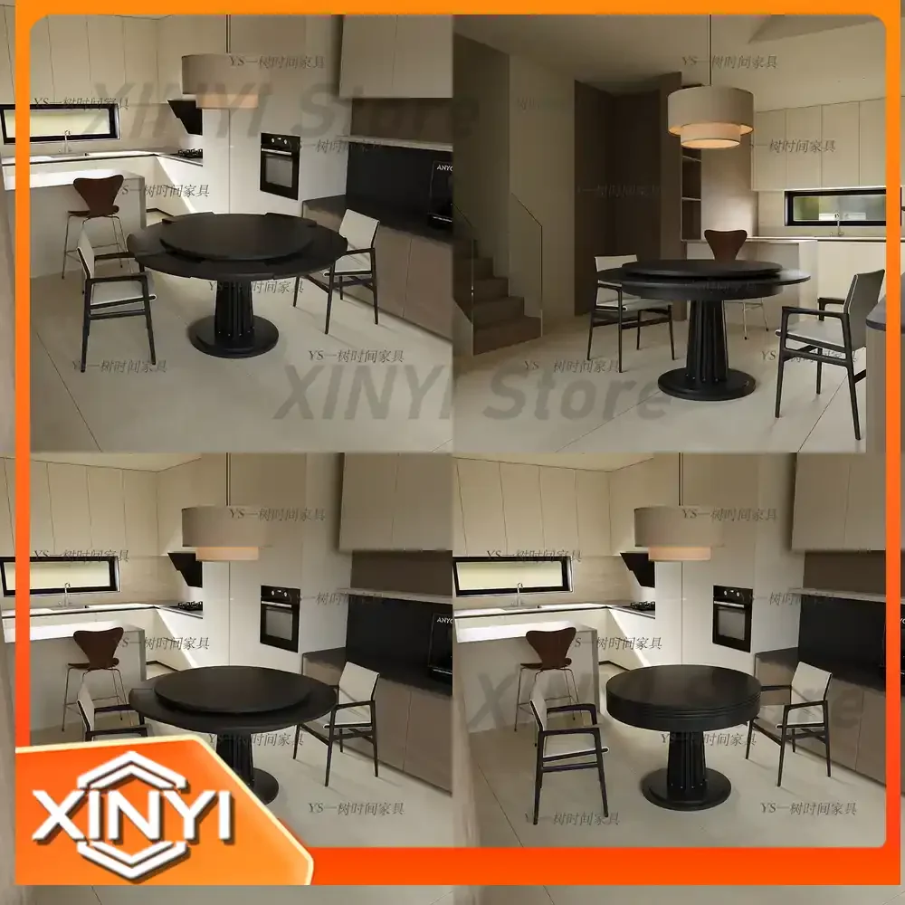 Retro French Solid Wood Dining Table for Home Hotel Small Space Round Extendable Transformable Dining Table with Turntable