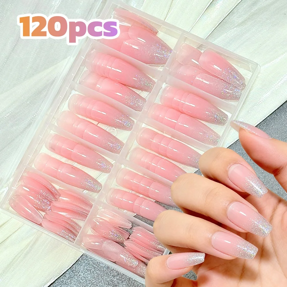 

120 шт. розовых градиентных накладных ногтей с серебряным блеском, длинные, в форме гроба, для самостоятельного маникюра, блестящие, в стиле Y2K