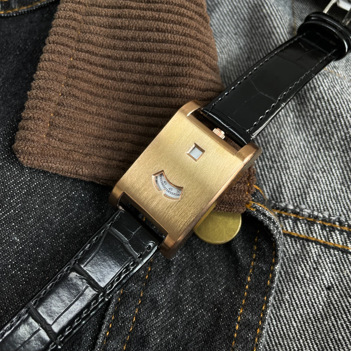 CILOA Men Rectangle Vintage Quartz Watch Date & Curved Sub-dial Rose-golden Case Black Crocodile Texture PU Leather Strap Elegant Casual Wrist Watch-522