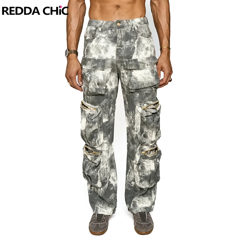 REDDACHIC Men Cargo Pockets Camouflage Jeans Tie Dye Low Rise Trousers Straight Wide Leg Casual Pants Harajuku Grunge Work Wear