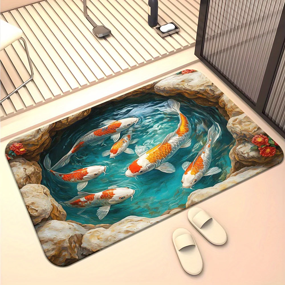 Japanese Koi Fish Pond 3D Doormat, Turquoise Gold  Polyester Non-Slip Machine Washable Rug for Multi-Room Zen Holiday Decor