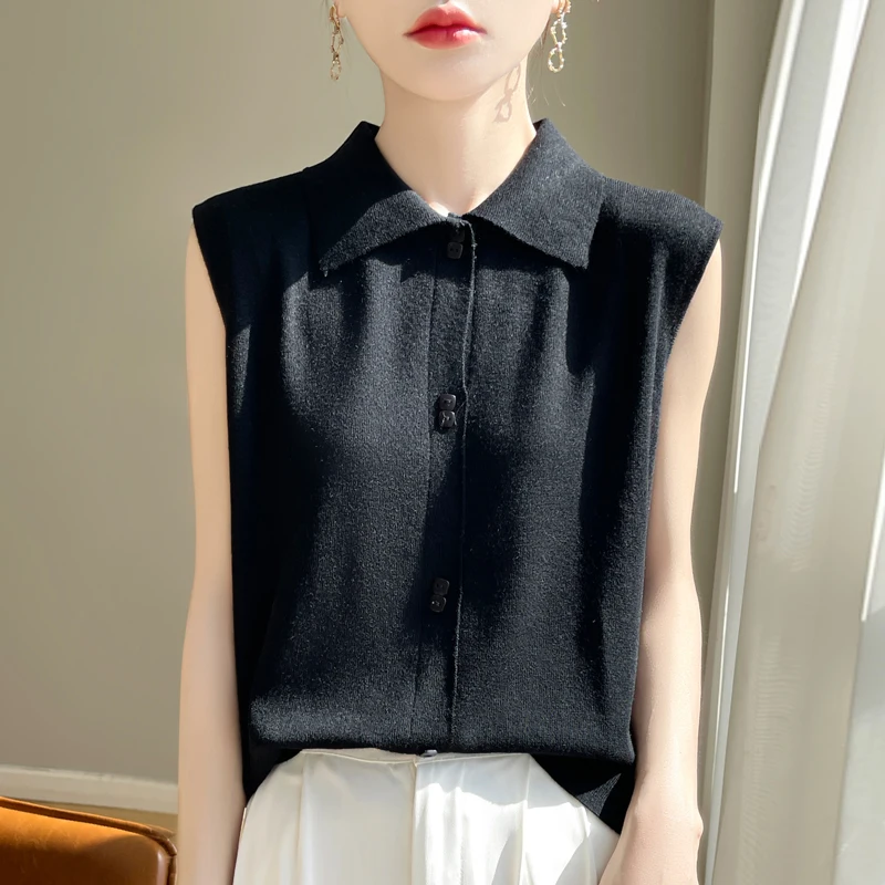 Fine Imitation Wool Shirt Vest Women 2024 Summer,Sleeveless Knit Top,With Loose Lapels,Will Not Pill,Shrink Resistant Sweater