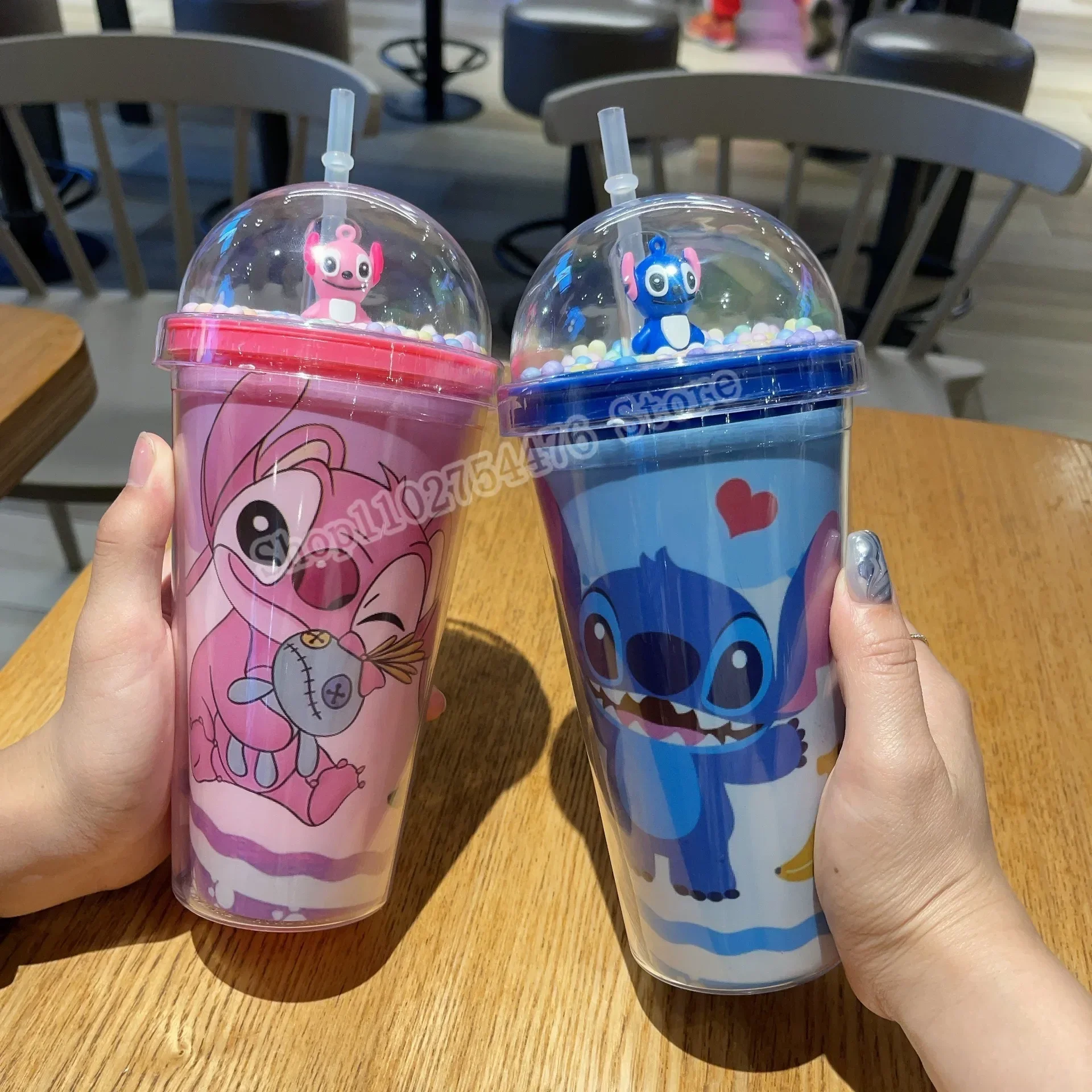 

Disney Stitch Water Cups Cartoon Cute Lilo Stitch Angel Couples Bottle Drinkware Accessories with Straw Water Bottles Plastic