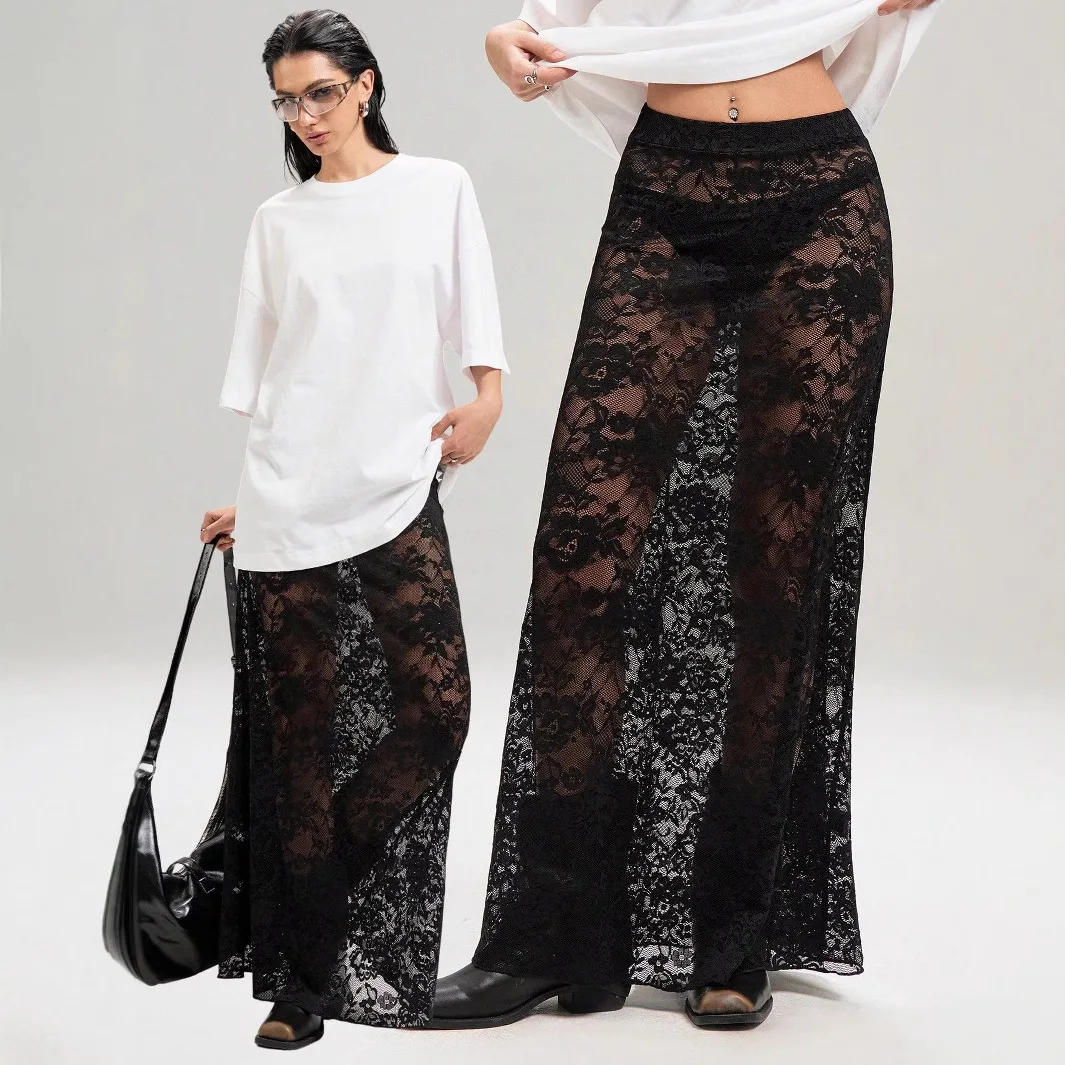2025 Women's Clothing Summer New Women's Solid Colour Slim Package Hip Street Fashion High Waist Lace Half-body Skirt