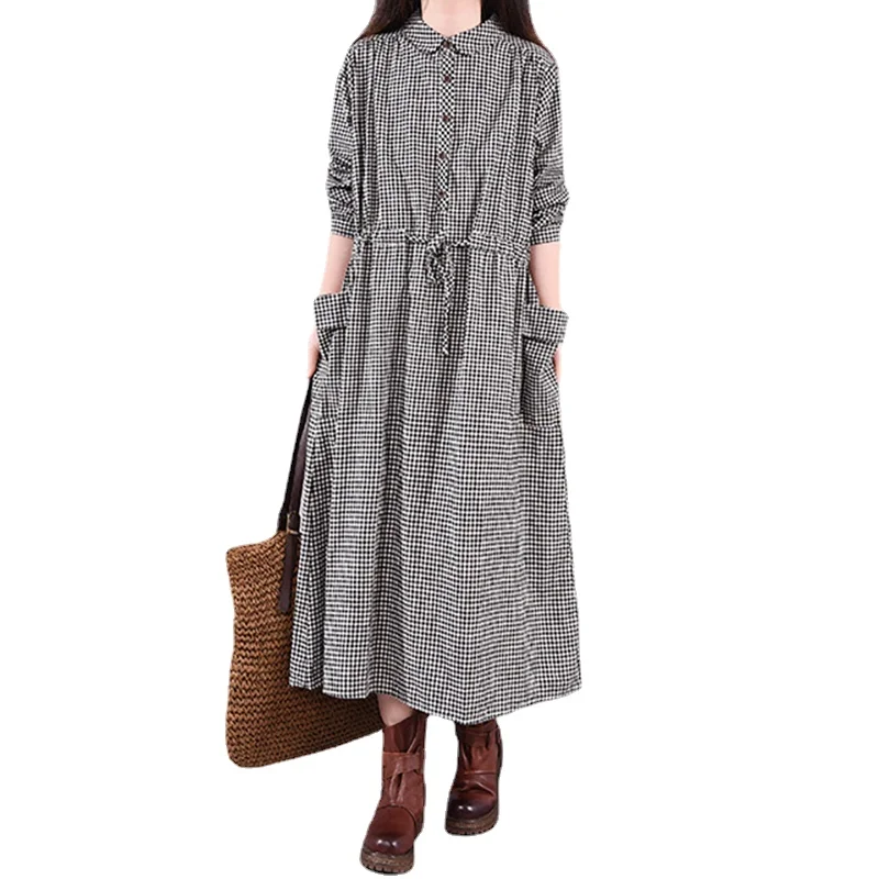 Classic Plaid Dress Polo Collar Long-sleeved Cotton and Linen Dress Autumn Belt A Line Retro Mid-length Dress Vestidos Women\'s