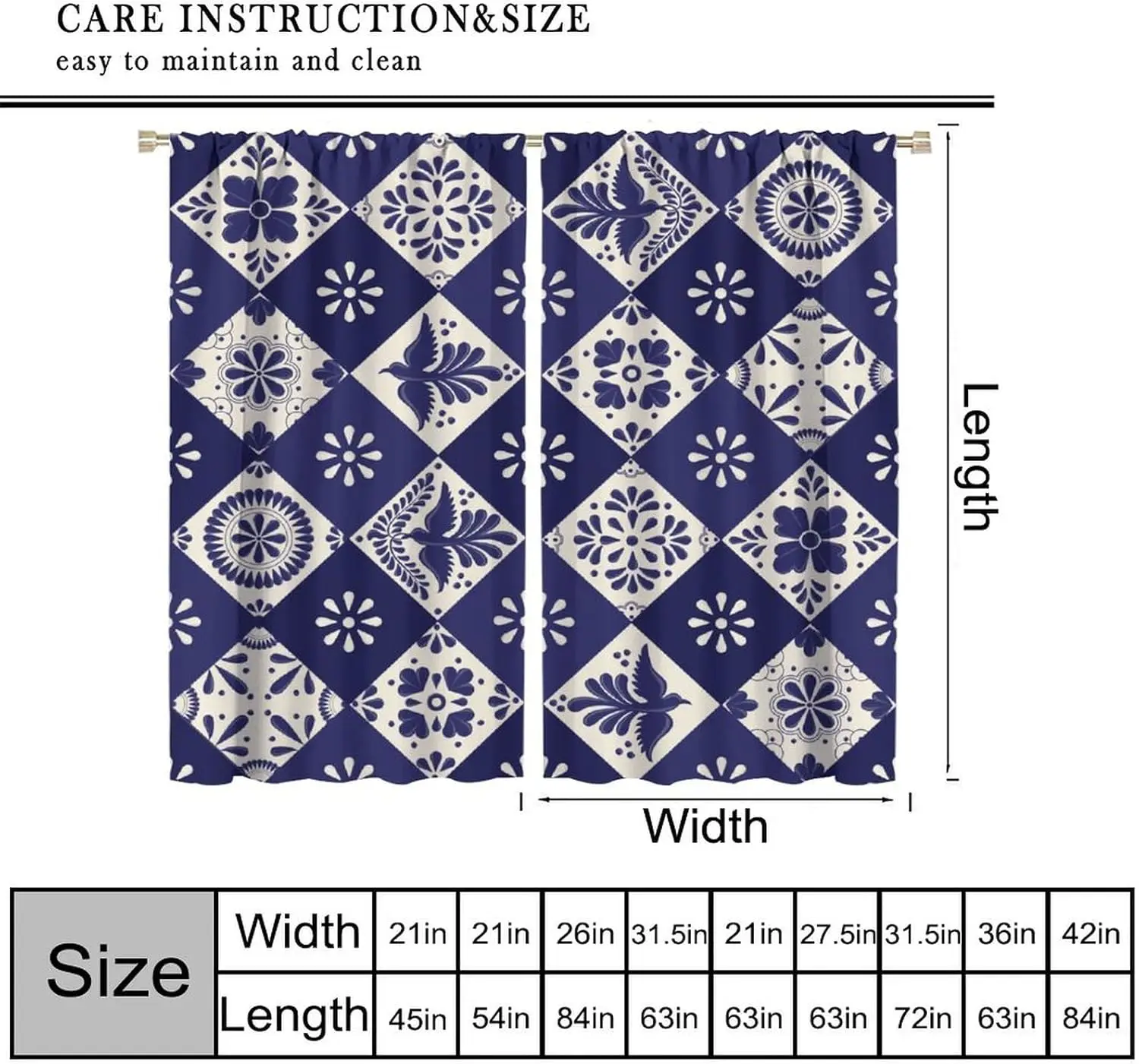 Traditional Mexican Curtains, Talavera Style Beige Mexican Floral Bird Print Blackout Window Treatments for Living Room Kitchen