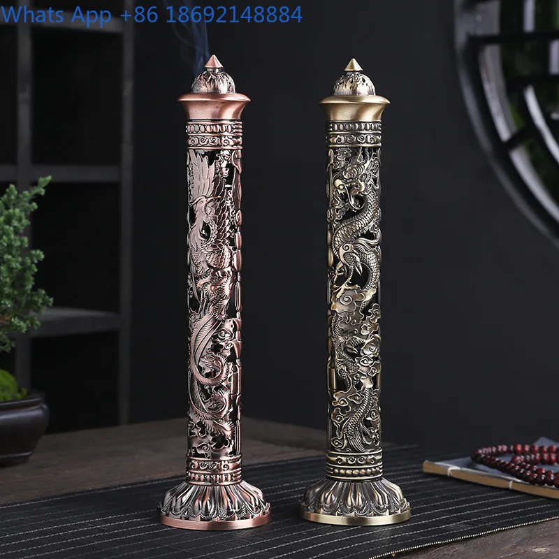 

Antique-Style Vertical Dragon and Phoenix Pillar Incense Burner Metal Incense Holder Indoor Chinese Retro Ornament Incense Stand