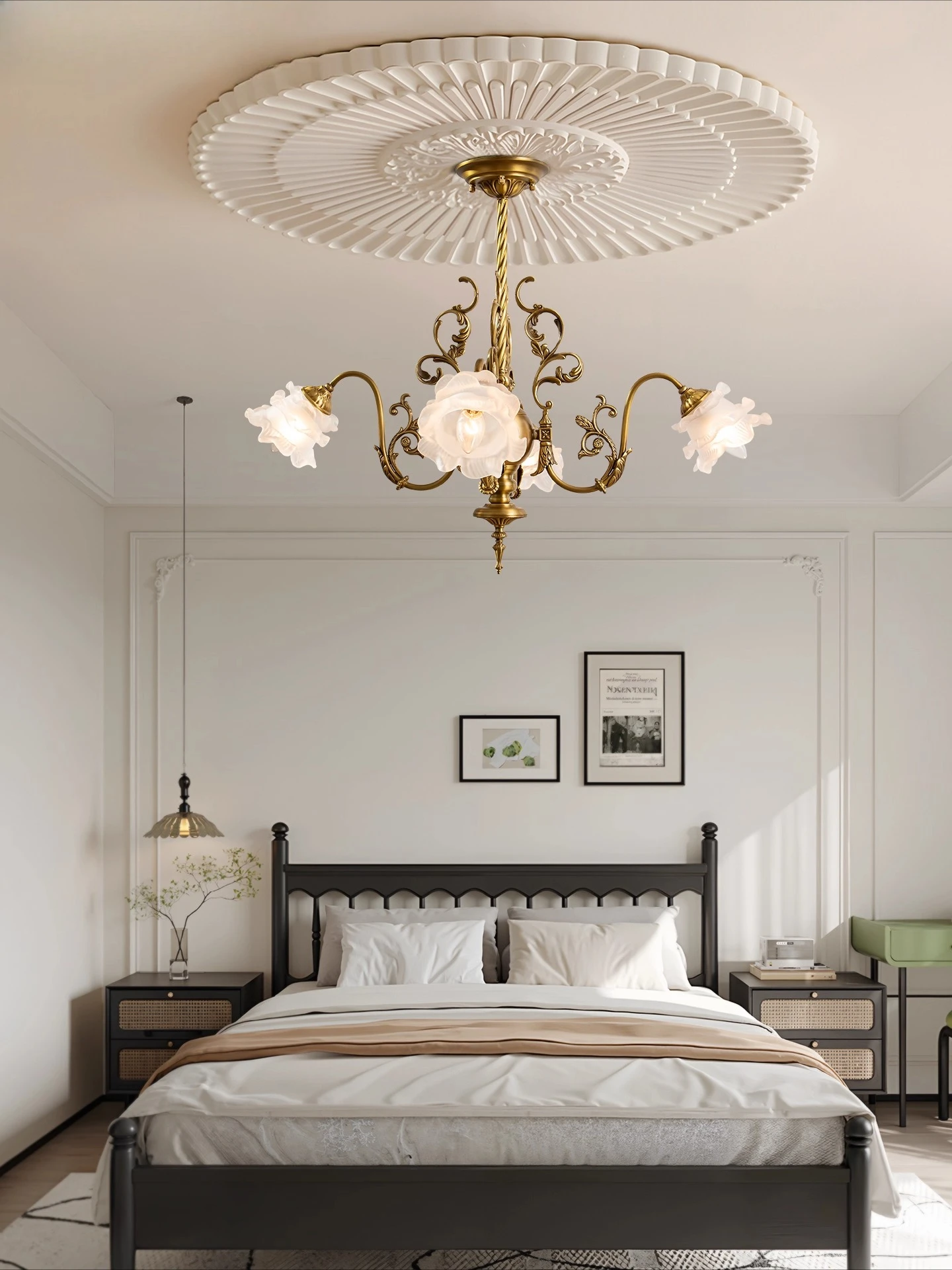 

Medieval style living room chandelier fashionable simple petal glass all copper bedroom dining room study lamp