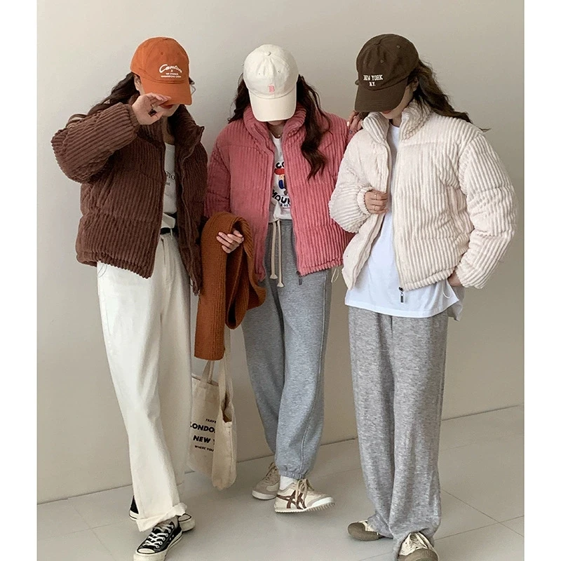 

2025 New Stand Collar Short Corduroy Down Cotton Jacket Winter Warm Thicken Loose Cotton Padded Jacket Female Women Outwear