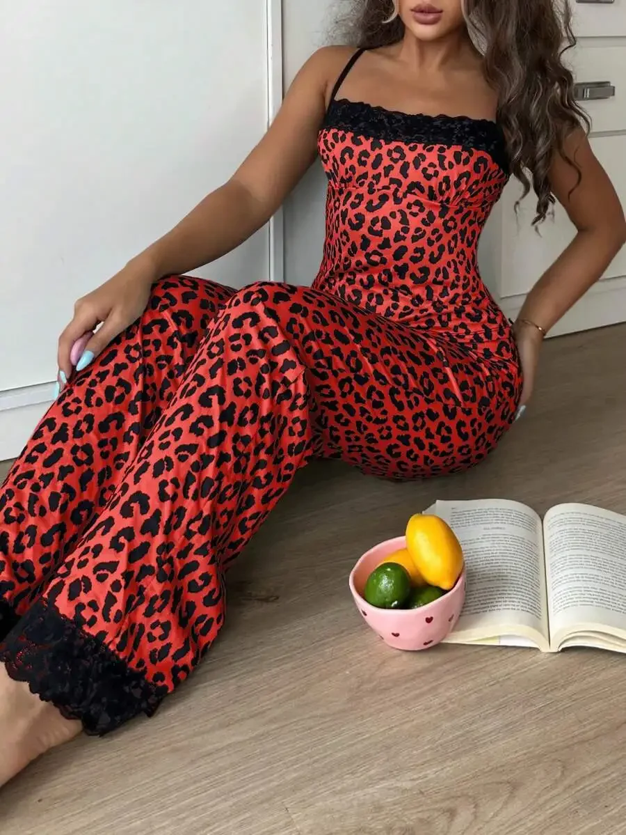 

Red Leopard Print Lace Trim Women Pajama Set Sleepwear