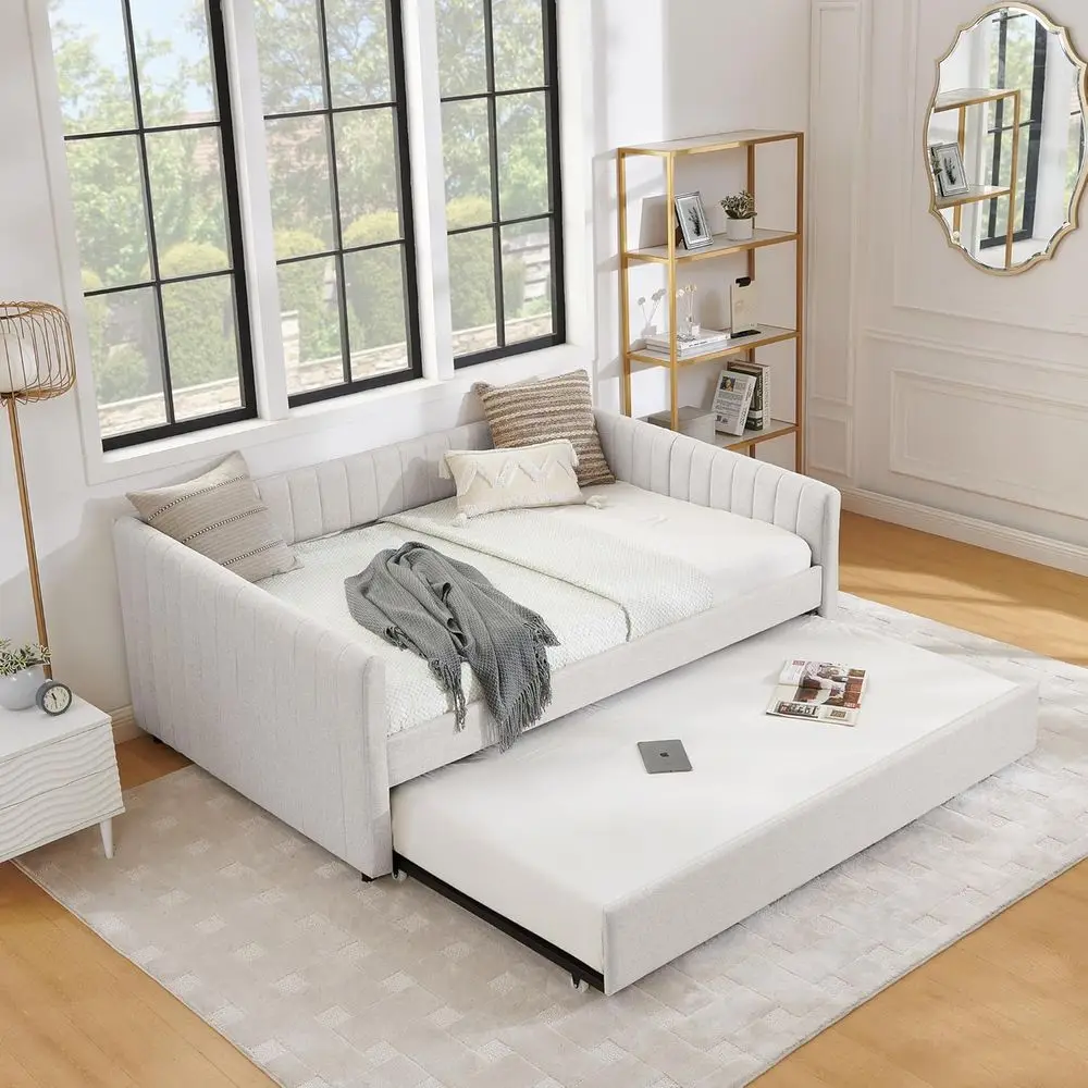 Linen Full Size Daybed with Pull-Out Trundle, Striped Upholstered Sofa Bed, Suitable for Bedroom or Living Room, No Box Spring N