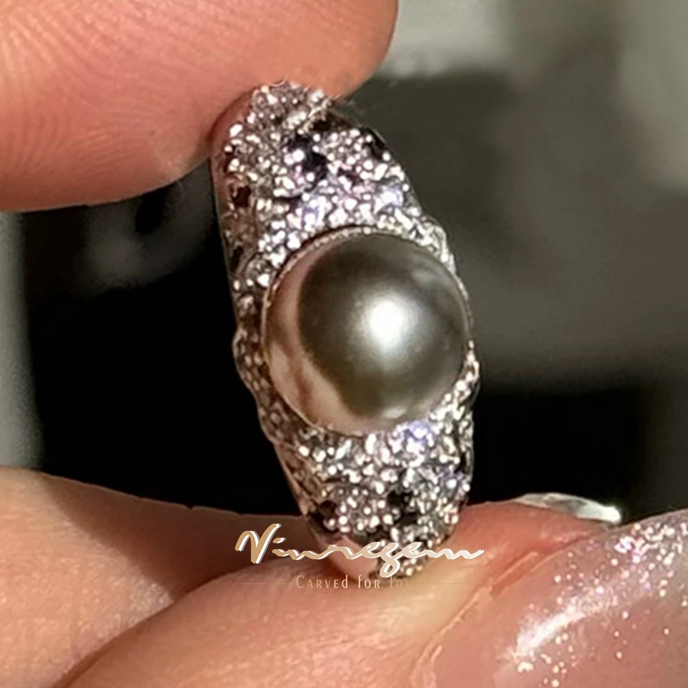 

Vinregem 8 MM Pearl High Carbon Diamond Gemstone Sparkling Women Ring 100% 925 Sterling Silver Wedding Engagement Fine Jewelry