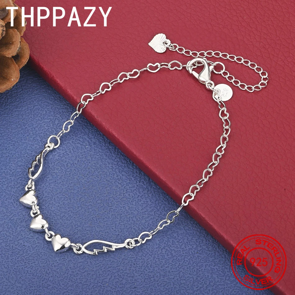 

THPPAZY 925 Sterling Silver Heart Bracelet For Women 8-Inch Chain Exquisite Sweet Cute Jewelry Birthday Wedding Party Gift