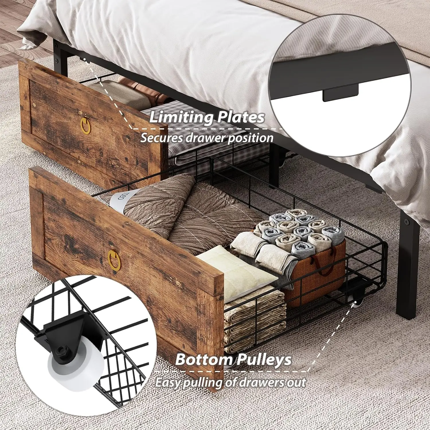Queen Bed Frame 4 Drawers Bookshelf Headboard USB Charging & LED Lights Metal Slats Noise Free No Box Spring Brown, Customized