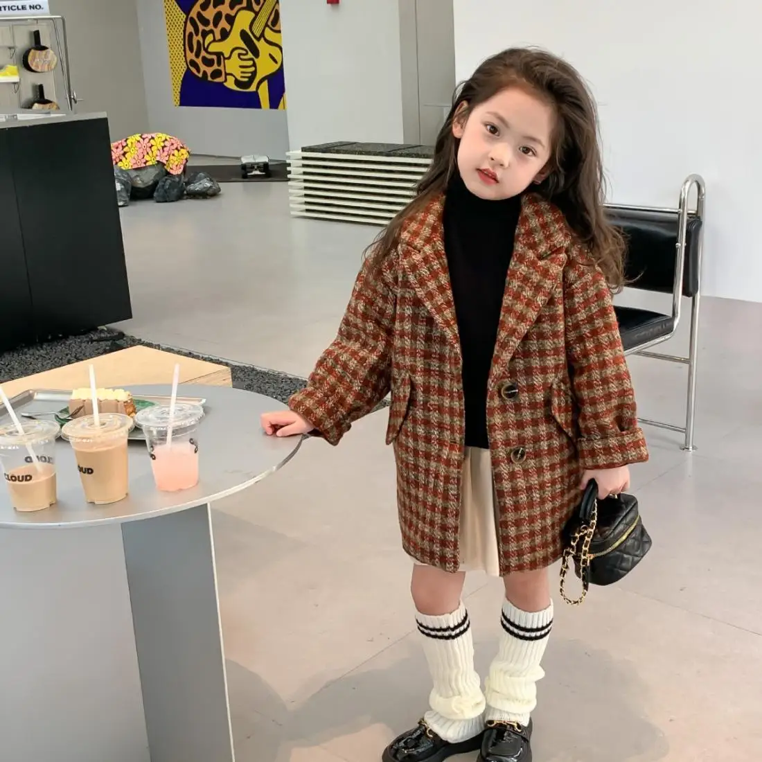 

Милое двустороннее шерстяное пальто для девочек и малышей, зимняя теплая детская куртка в клетку, стильное двухслойное пальто для школы на открытом воздухе