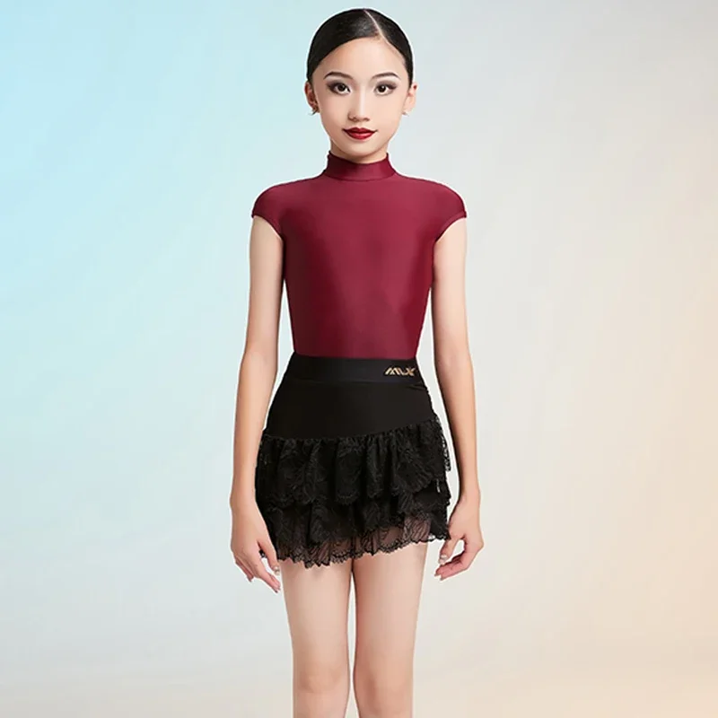 

New Girls Latin Dance Suit Kid Black Tiered Skirt Red Short Sleeves Dancing Tops Stage Performance Wear Training Clothes