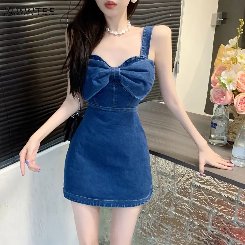 Denim Sexy Mini Dress Women Sleeveless Hotsweet Zip-up Big-Bow Temper High Waisted A-line Slim Streetwear Y2K European Hipster