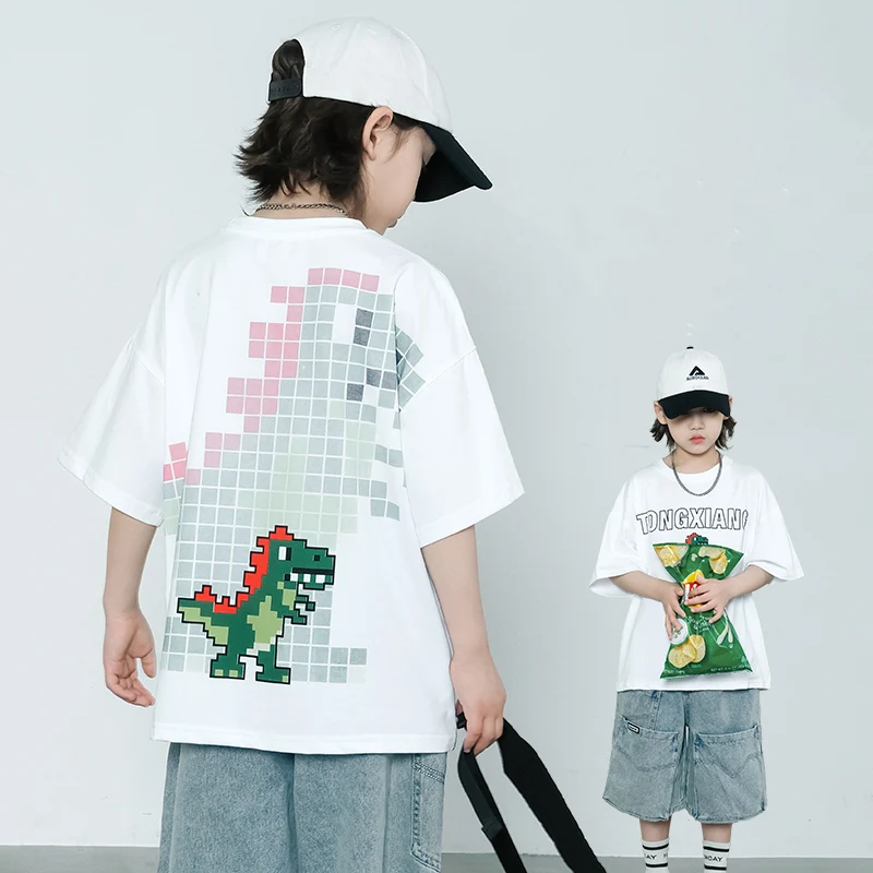 New Summer Short Sleeve Boy Cartoon Dinosaur T-shirt Kids Luxury Clothes Cotton Tshirt with Dinosaur for Children Casual Tee Top