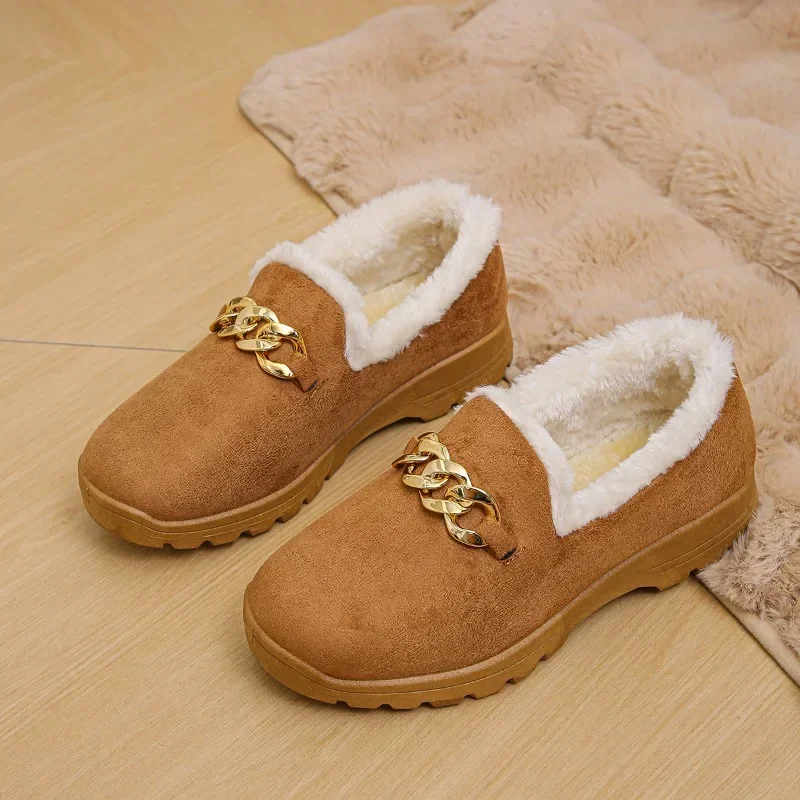 Winter Women Casual Shoes Plush Fur Lining To Keep Warm Winter Cold-proof Shoes One-leg Loafers Outdoor Cotton Shoes Short Boots