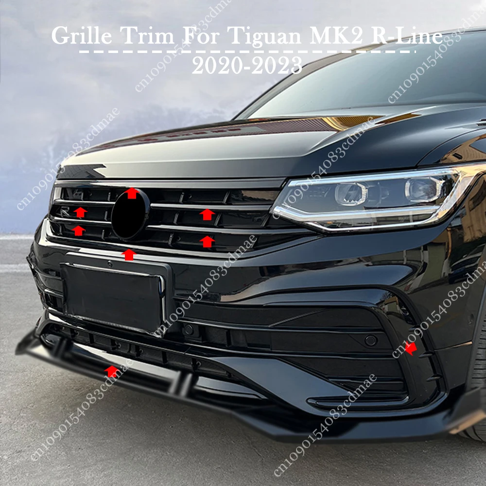 Błyszczące czarne listwy przedniego grilla do Tiguan MK2 R Line Facelift 2020-2023 Wkładka przedniego zderzaka Czarny grill Akcesoria