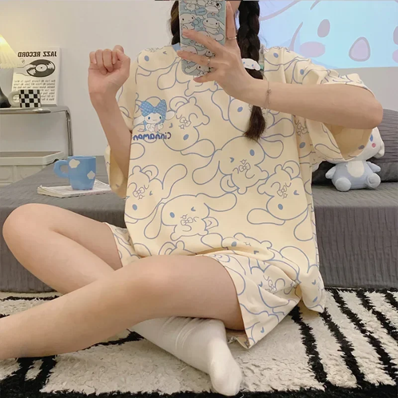 

Sanrio hello kitty Summer Women's Pajamas Short Sleeve Shorts Set New kuromi Cinnamon sleepwear Cartoon Cute Thin Home clothing