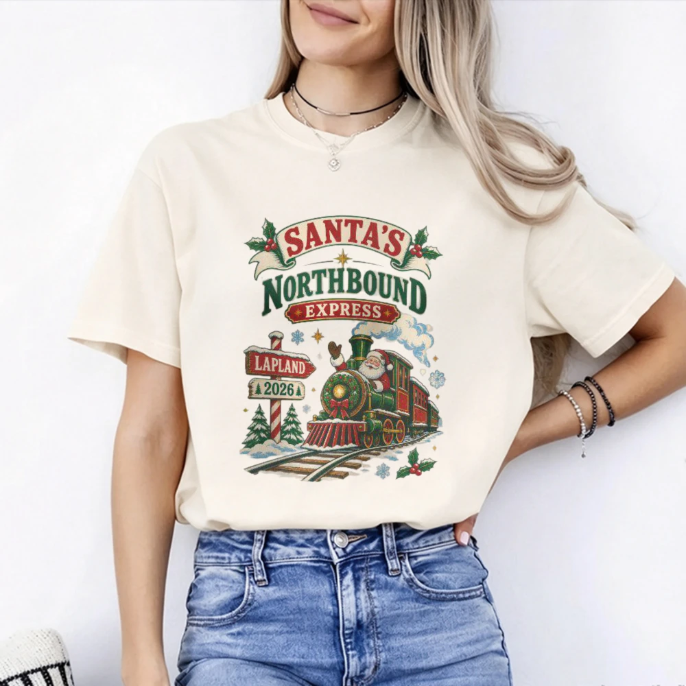 Vintage Santa's Northbound Express Train Lapland 2026 Christmas T-Shirt 100% Cotton Short Sleeve Xmas Gift for Kids Family Cozy