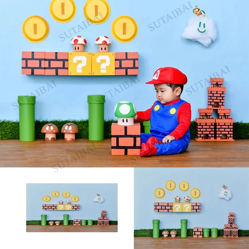 Super Brother Photo Backdrops Cartoon Photography Background for Super Bros Birthday Party Supplies Kids Party Decorations