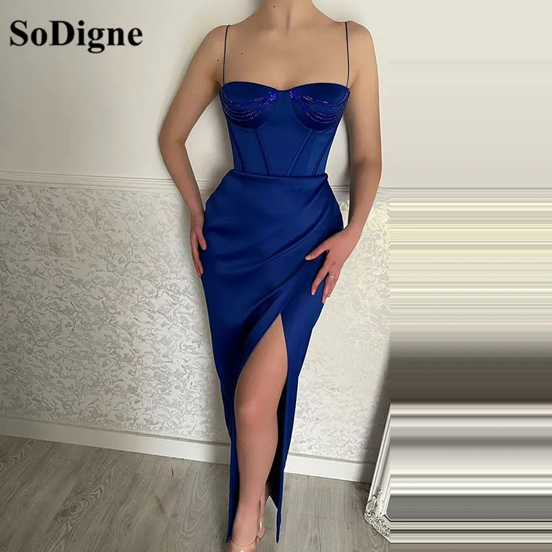 

SoDigne Navy Blue Beads Prom Dresses Satin Spaghetti Strapl Mermaid Sexy Evening Party Gowns Celebrity Dress Floor Length