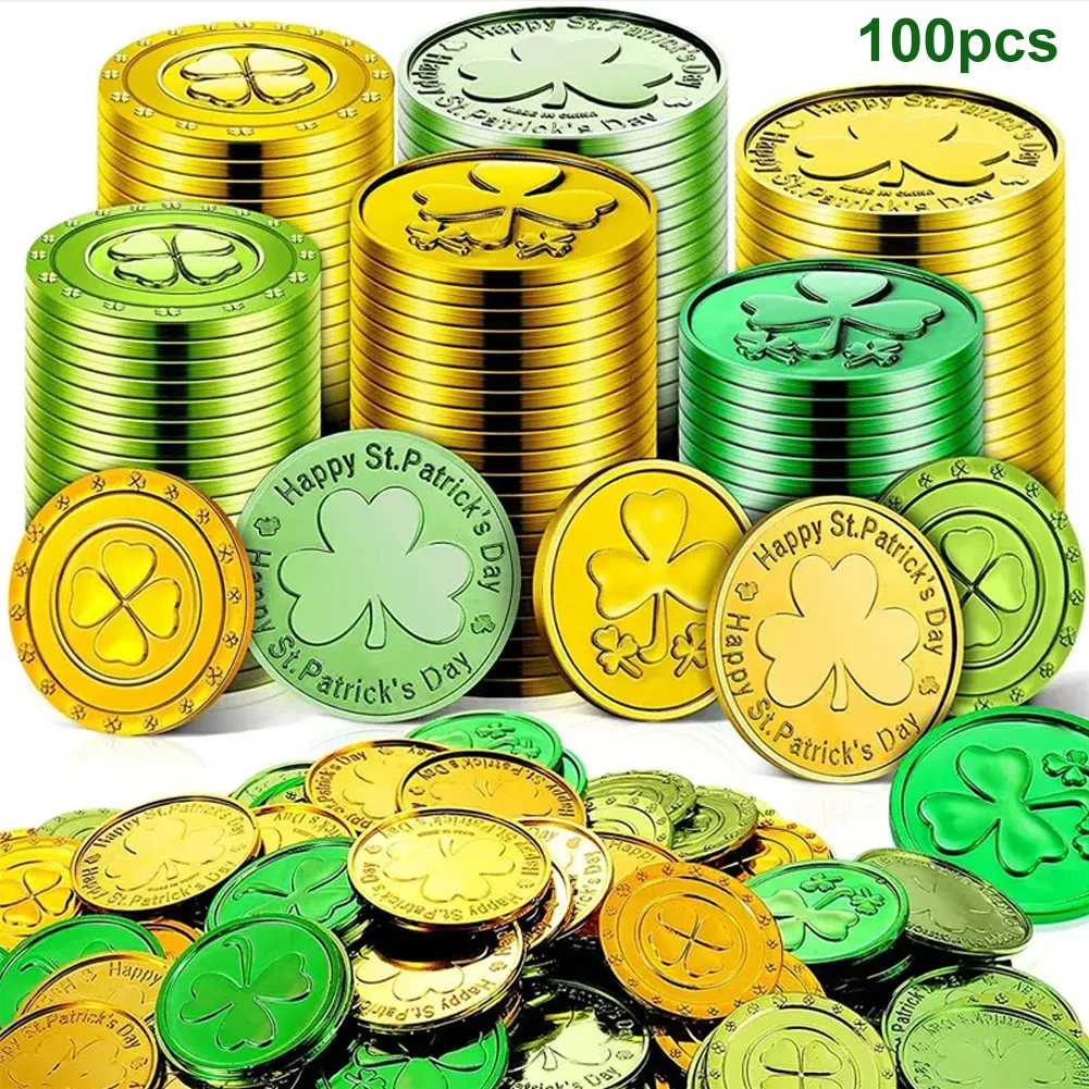 Plastic Shamrock Coins 50pcs/100pcs Table Decors St Patricks Day Lucky Coins Pocket Token Charm Coin for St. Patricks Day Decor