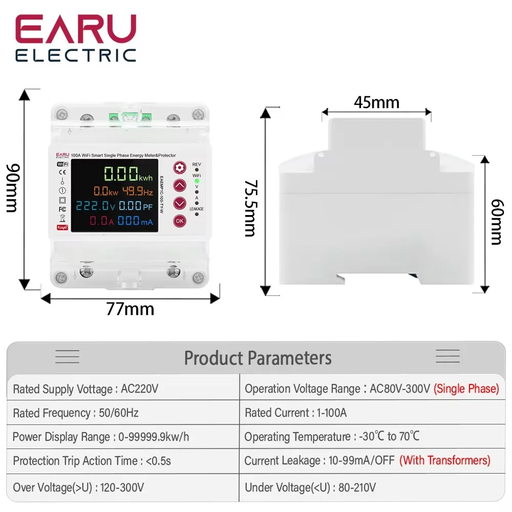 2P 100A Tuya Wifi Smart Bi-Directional Volmeter Ammeter kWh Energy Meter Leakage Protection Timer Switch Relay Power Monitor