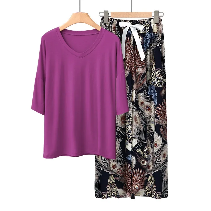 

Modal Solid short sleeve Tshirts and Flower Print wide leg pants Loose Homewear 2pcs suit lady's loungewear