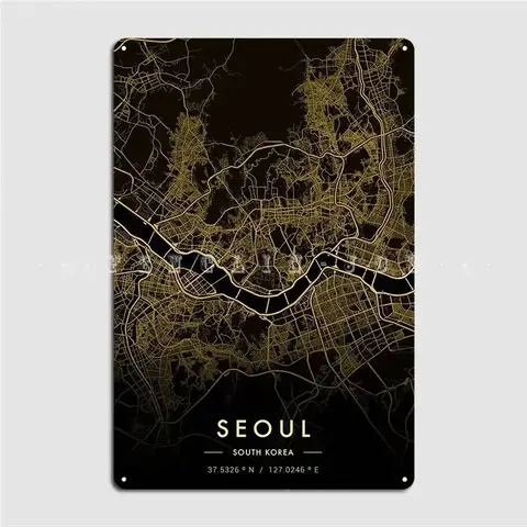 Seoul City Map Gold Metal Plaque Poster Wall Pub Pub Garage Retro Plaques Tin Sign Poster