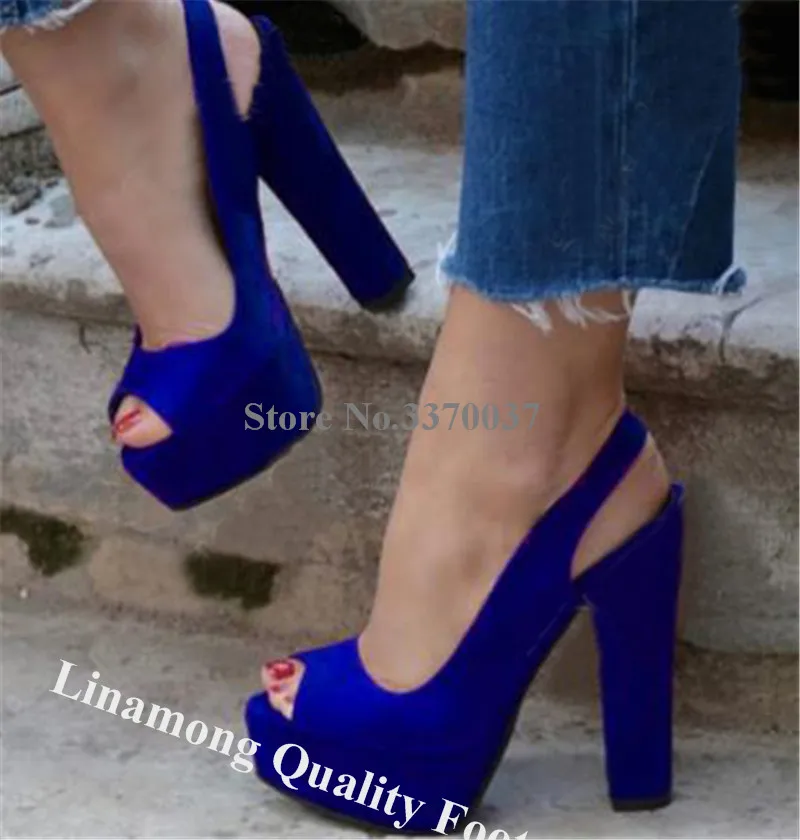 Purple Suede Chunky Heel Pumps Linamong Elegant Peep Toe High Platform Thick Heel Shoes Blue Red Party Dress High Heels Big Size