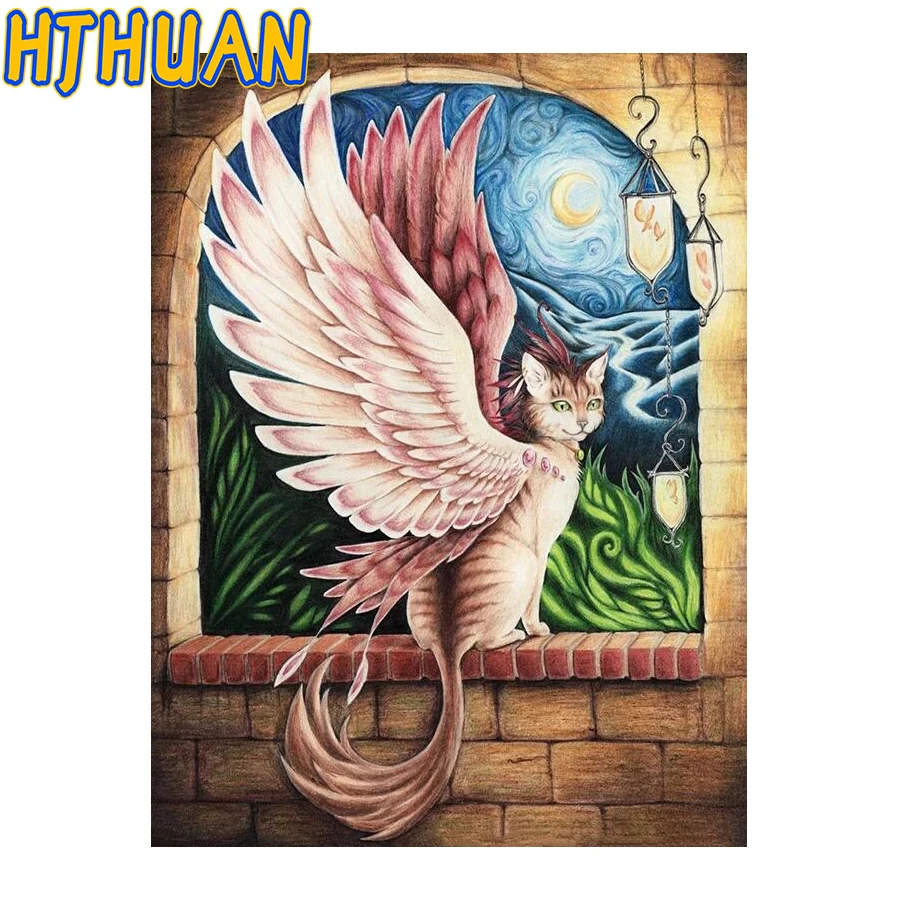 

DIY 5D Square Diamond Embroidery Abstract cartoon cat with wings Handmade Round Inlaid Rhinestone Cross Stitch Landscape Home De