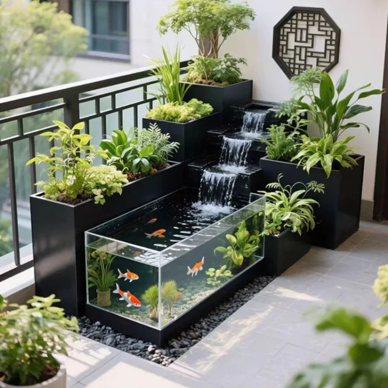 2026New model Creative floor-standing circulating water fish tank, flower box, tempered glass terrace pond, courtyard decoration