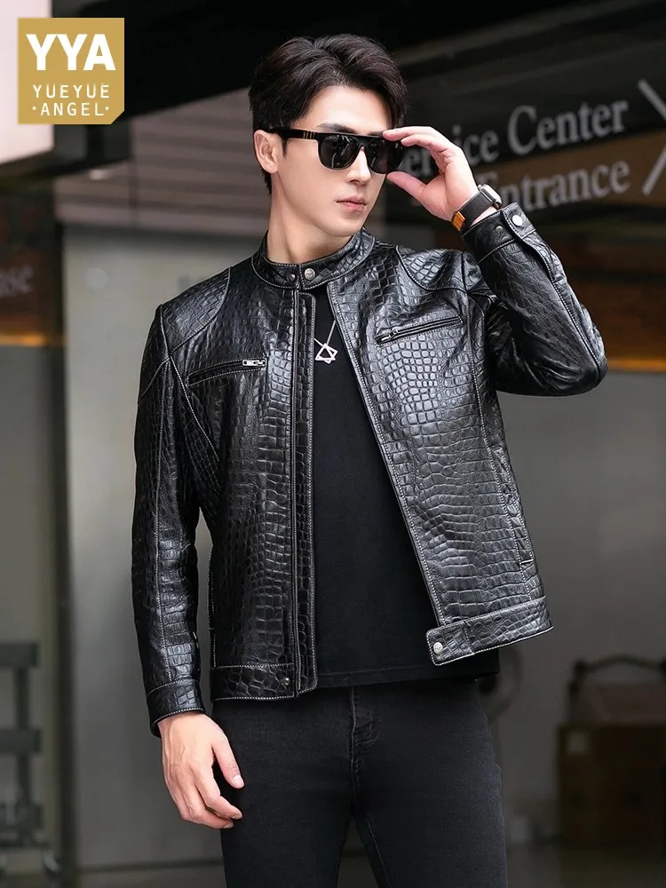 

Males Luxury Natural Sheepskin Crocodile Pattern Jacket Stand Collar Slim Fit Straight Autumn Genuine Leather Motorcycle Jackets