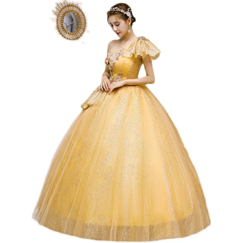 Vestido De quinceañera dorado De un hombro, elegante Vestido De Baile brillante, lentejuelas florales clásicas, talla grande