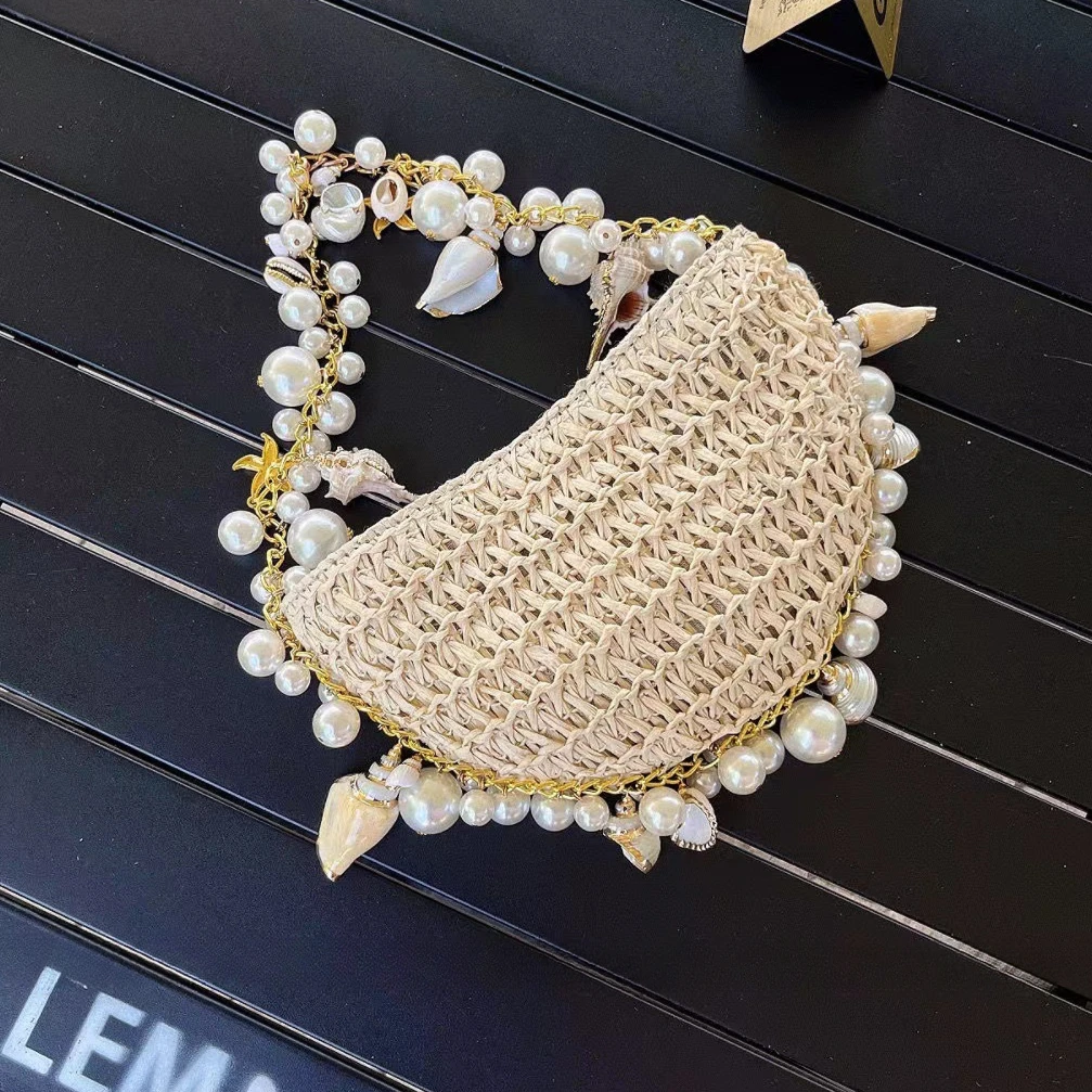 Bohemian Pearls Straw Bag Conch Starfish Women Handbags Half Moon Beach Shoulder Bag Designer Rattan Crossbody Bags Ladies Tote