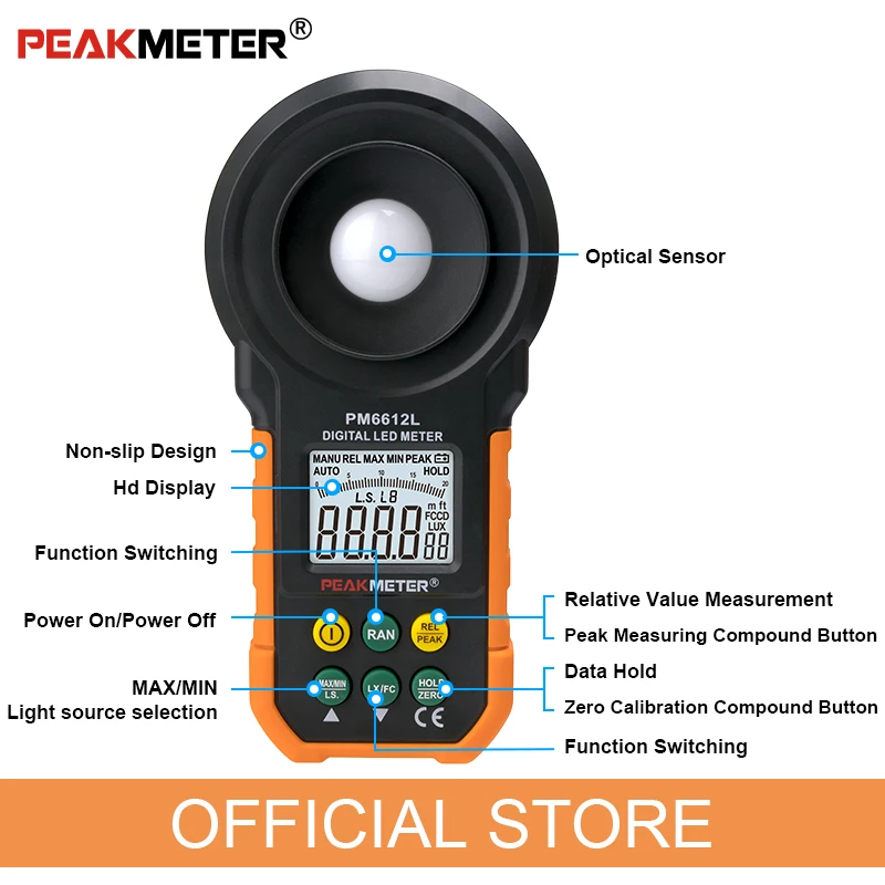 PEAKMETER PM6612L LED Colorful Brightness Tester Light Meter 200000 LUX  Handheld Digital Luxmeter Luxometro Enviromental Tester