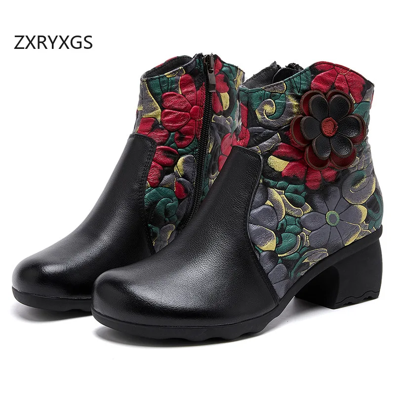 ZXRYXGS Top Layer Cowhide Chinese Style Women Fashionable Boots 2024 Classic Printing Flowers Boots Thick Mid Heel Trendy Boots