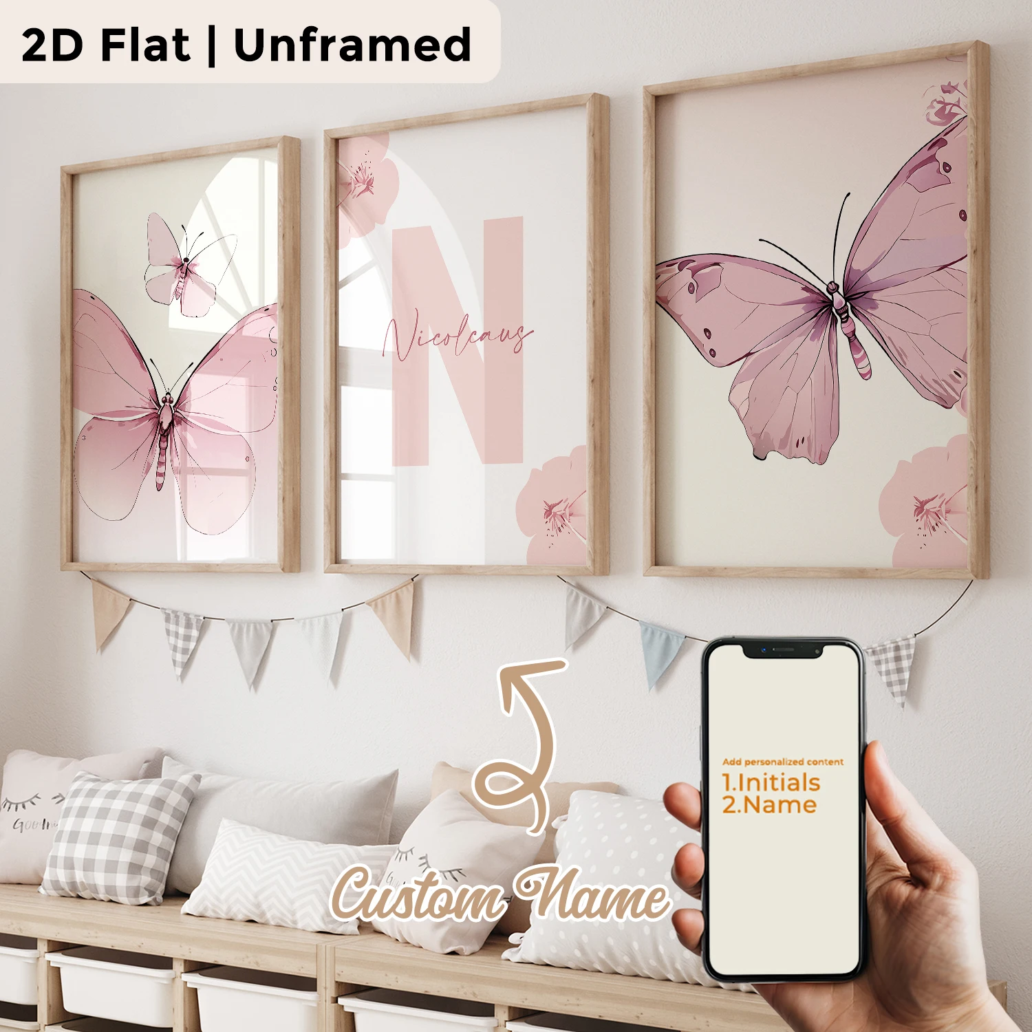 3pcs Personalized Custom Name Pink Hand‑Drawn Butterfly Wall Art Print Picture Canvas Poster Painting For Living Room Home Decor
