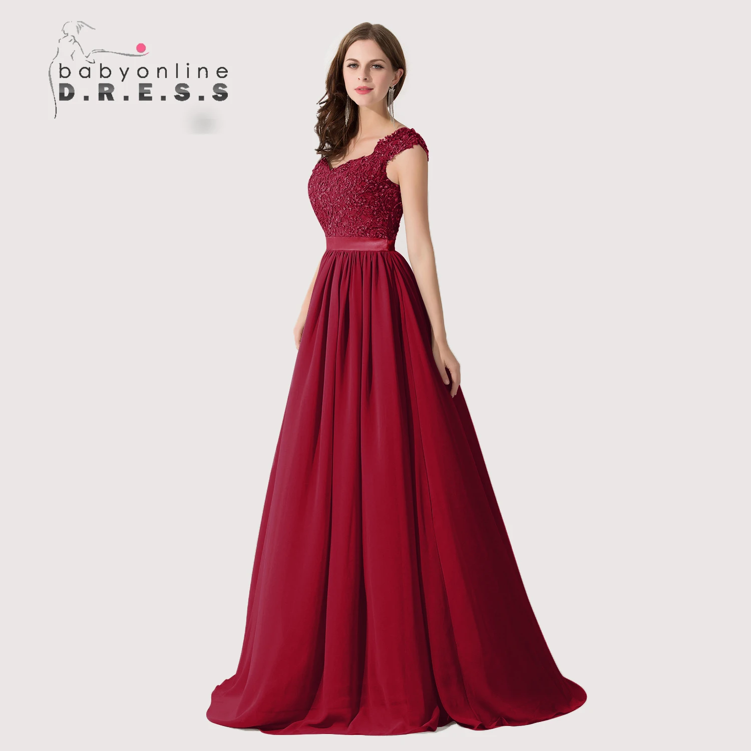 

BABYONLINE A Line Burgundy Bridesmaid Dresses for Beads Pearls Chiffon Wedding Party Long Illusion Back Gowns שמלות שושבינה