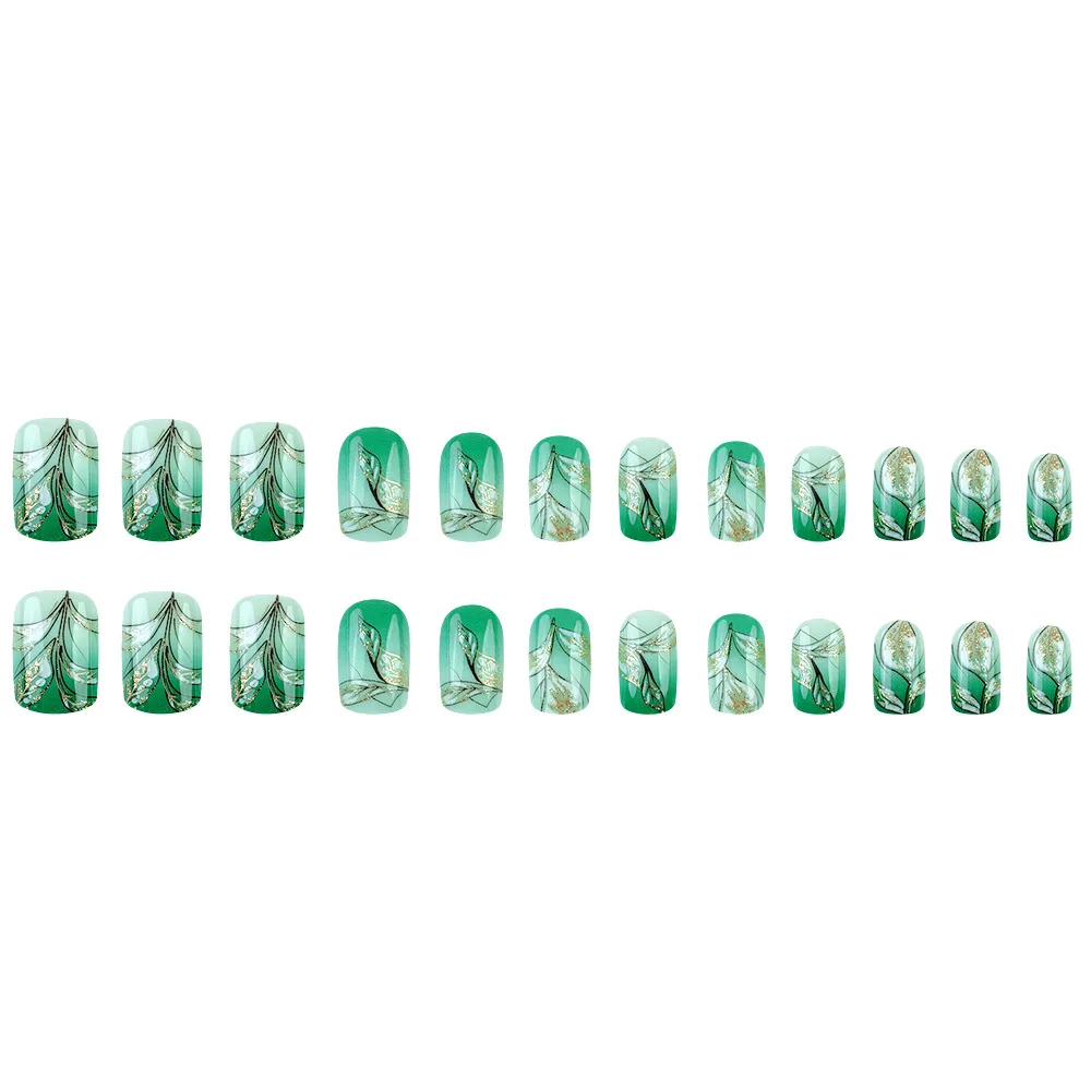 24 stuks medium vierkante pers op nagels - smaragdgroene bloemenglitter met groen verloop |   Elegante botanische stijl