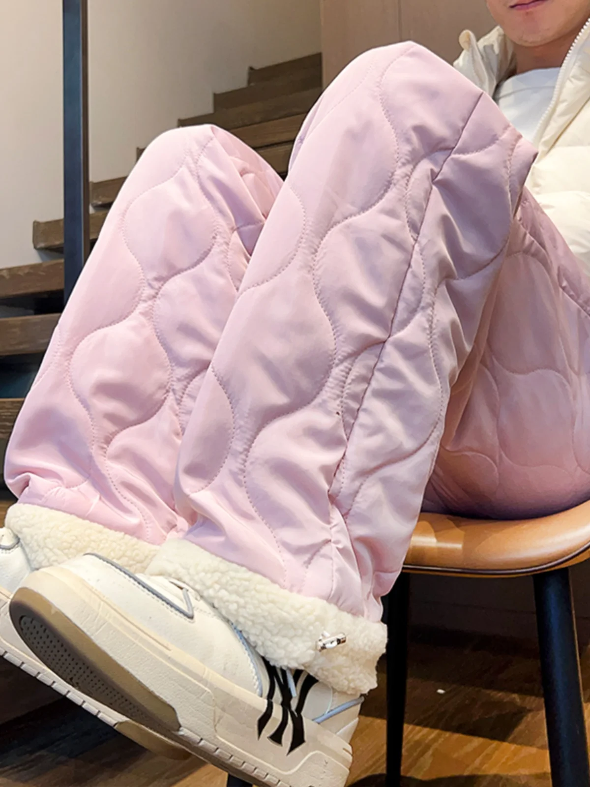 

Men's down Fce Lined Thi Straight Leg Pants Winter Faion Loose Wide Leg Casual Trousers American Sle Heavyweight Swe...