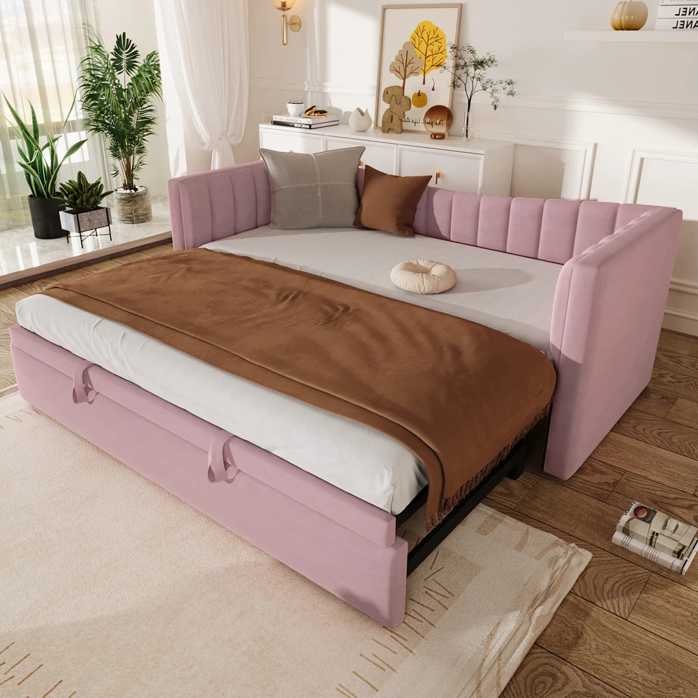 Tagesbett, 90 x 200 cm (180 x 200 cm), gepolstertes Bett mit ausziehbarem Bett, Schlafsofa, Einzelbett, Doppelbett (ohne Matratze), Samt