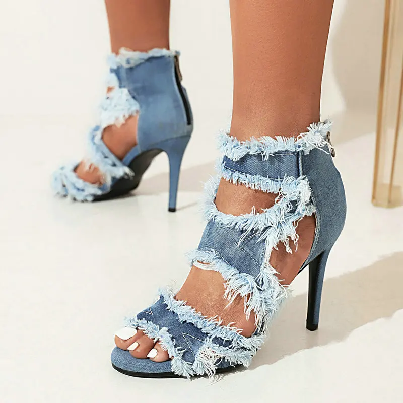 Brushed Denim Jeans Fabric Blue Womans Summer Shoes Open Toe 9.5 7cm Spike High Heel Gladiators Plus Size 44 45 46 Sandals Women