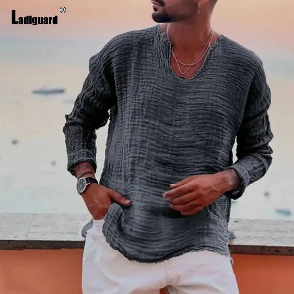 Men\'s Patchwork T-shirt Men Long Sleeve Fashion Ripped Cotton Tops Latest Summer Casual Linen Pullovers Sexy Mens clothing 2024