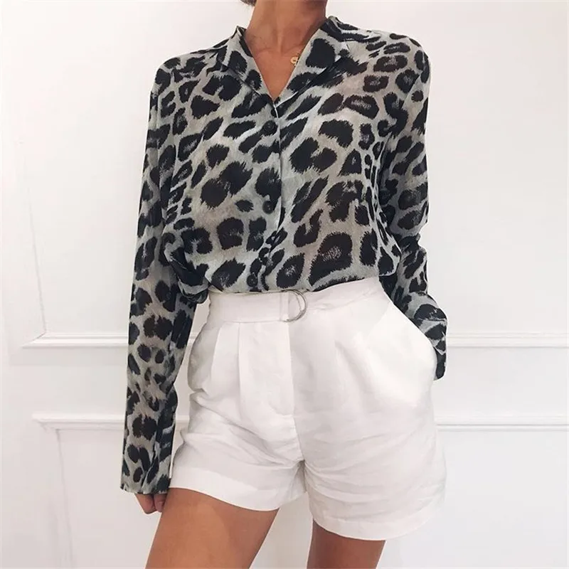 Spring/Autumn Women Shirt Leopard Pattern Sexy Long Sleeved Casual Print V-neck  Chiffon Commuter Women\'s Top Shirts & Blouses