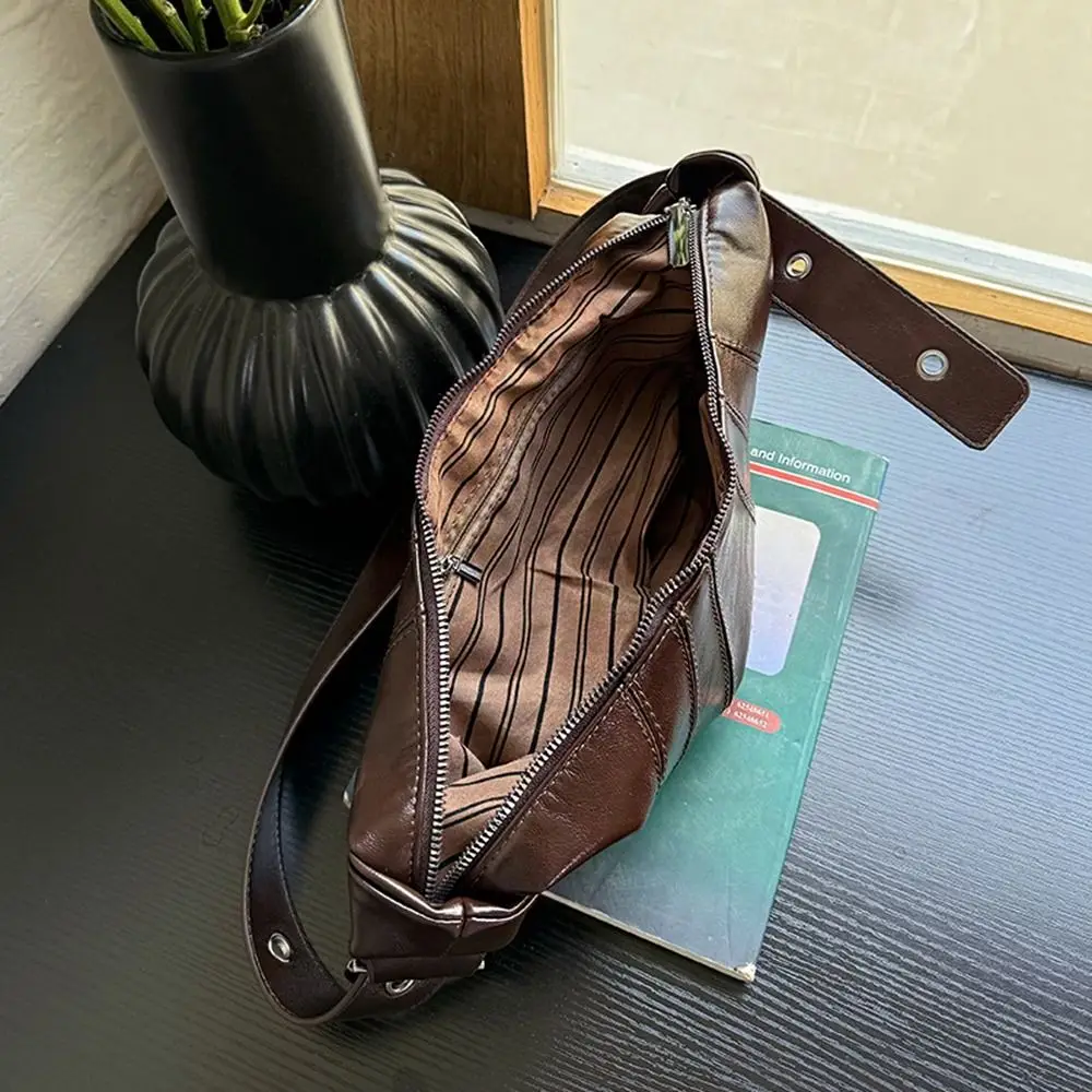 حقيبة كتف كرواسون بنية أنيقة باللون الأسود، حقيبة صغيرة من البولي يوريثان، حقيبة زلابية بلون سادة على الطراز الكوري للفتيات #4